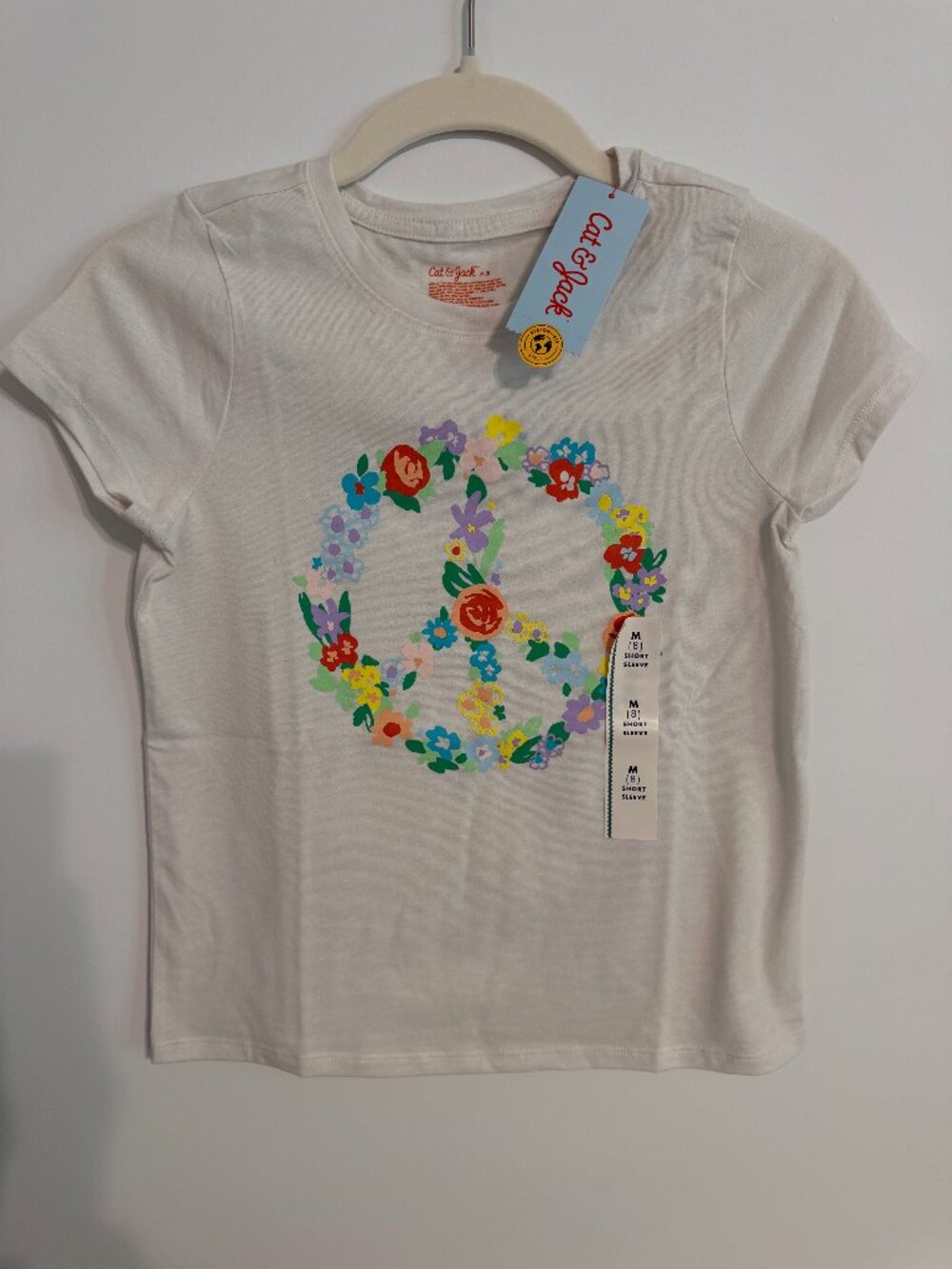 NWT Cat & Jack Size 8 Medium White Floral Peace Sign Short Sleeve T-Shirt Girls